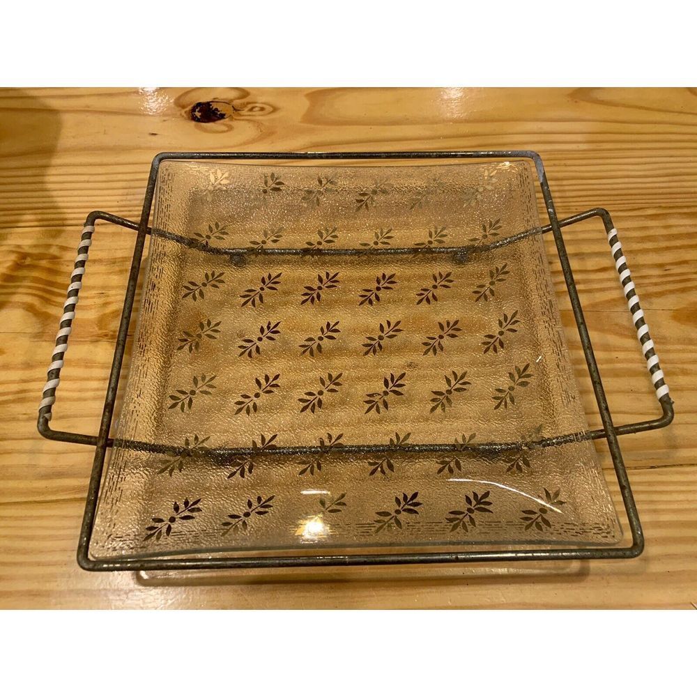 Vintage MCM Rojack Serving Square Glass Gold Leaf 9"Signed With Serving Tray